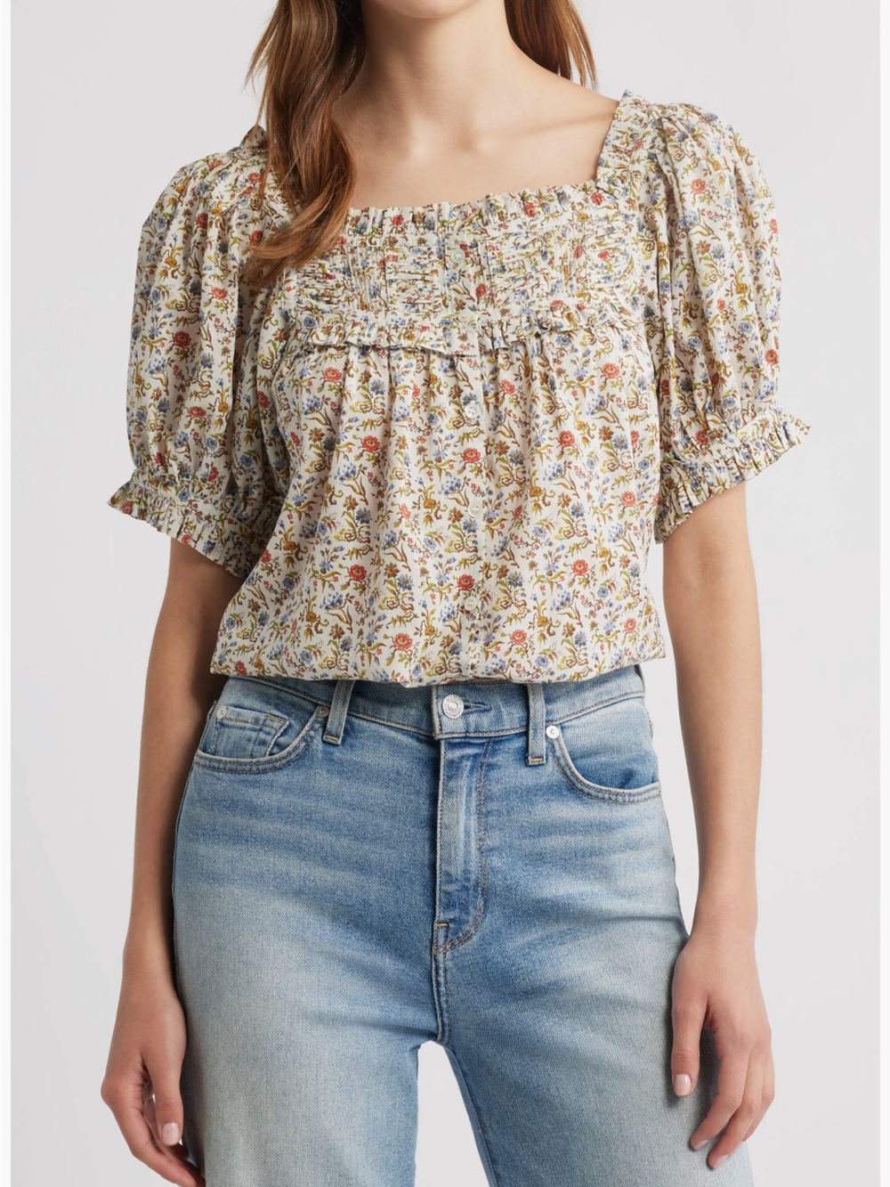 Doen Floral Smocked Square-Neck Women’s Top - Cream Floral